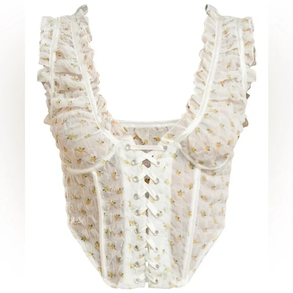 NWT PrettyLittleThing White Floral Chiffon Lace Up Boned Corset Top 6 - Picture 2 of 12